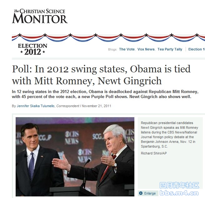 In 2012 swing states, Obama is tied with Mitt Romney, Newt Gingrich.jpg